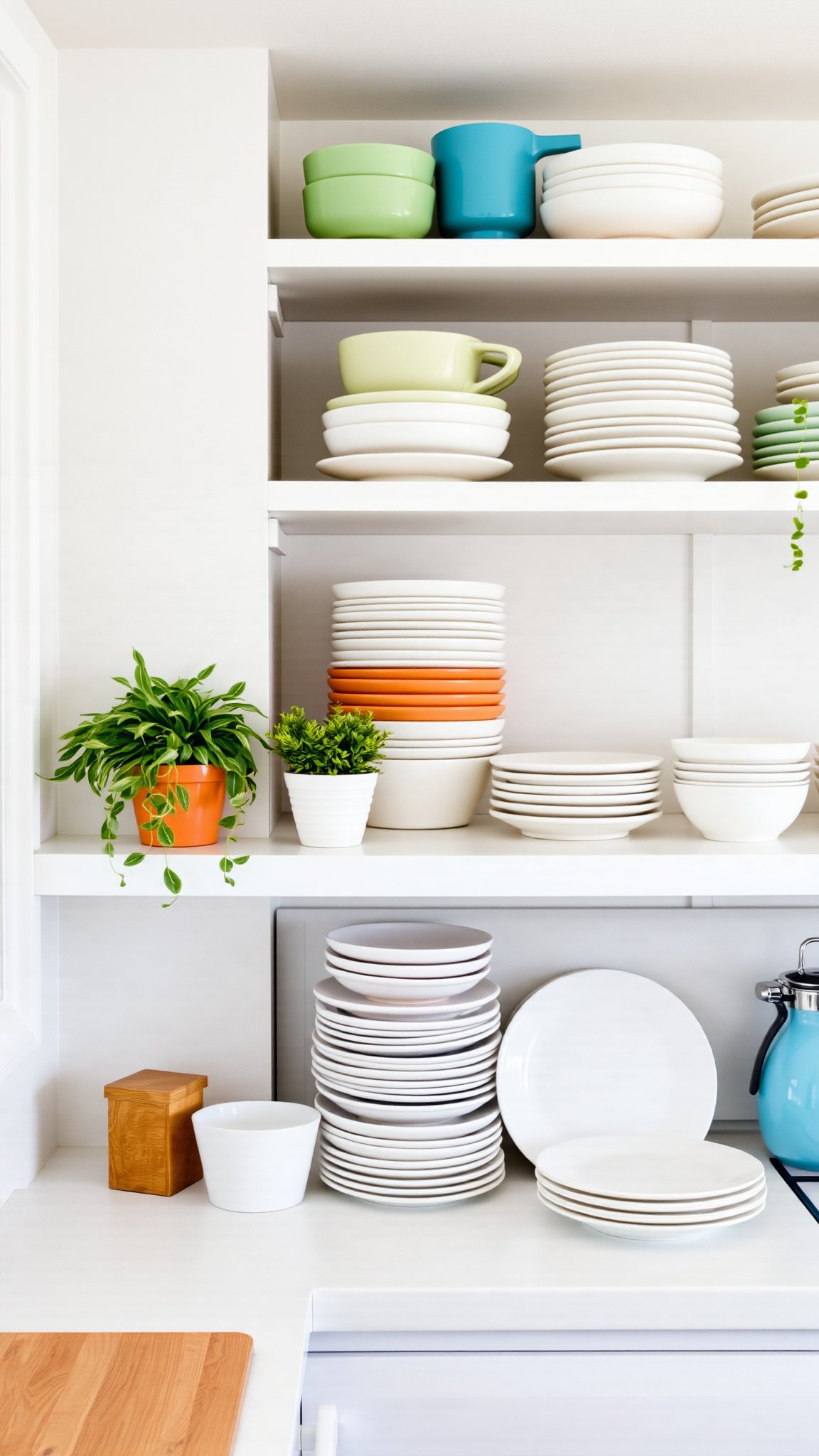 2 open shelving with decorative dishware 2. Open Shelving with Decorative Dishware